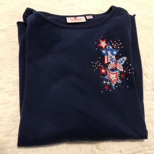 QF blue patriotic t-shirt with embroidered stars & rhinestones (2X) + butterfly!